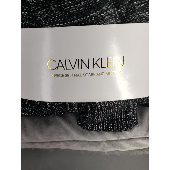 Calvin Klein Women's‎ Black Gray Knit Scarf Hat Gloves Mittens New 3 Piece Set - Picture 7 of 8
